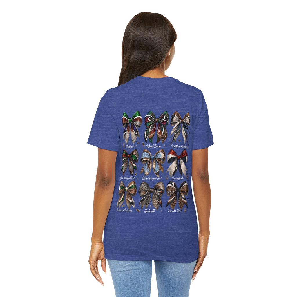 Waterfowl Bow Pattern T‑Shirt — Vintage Ribbon Grid Graphic Tee
