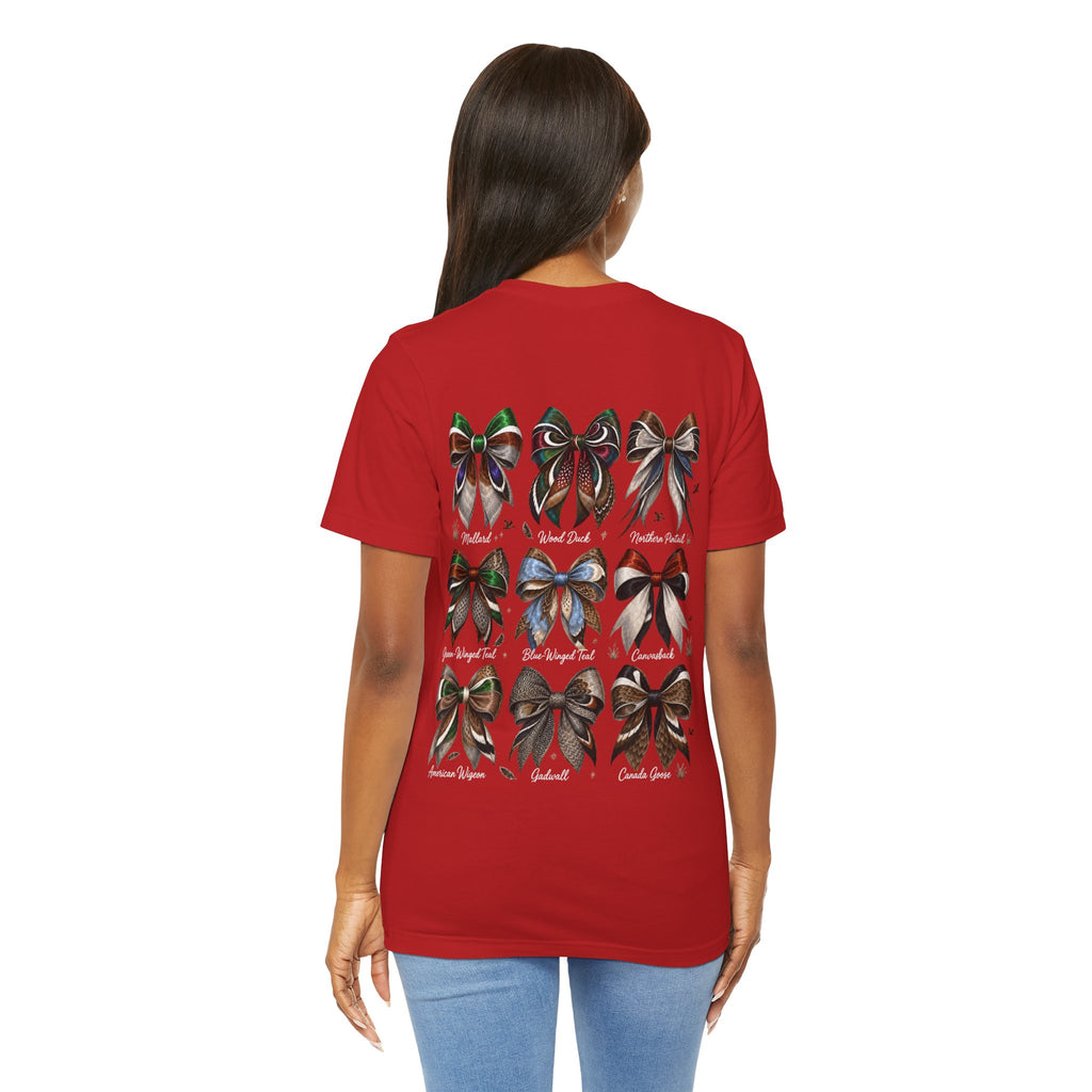 Waterfowl Bow Pattern T‑Shirt — Vintage Ribbon Grid Graphic Tee