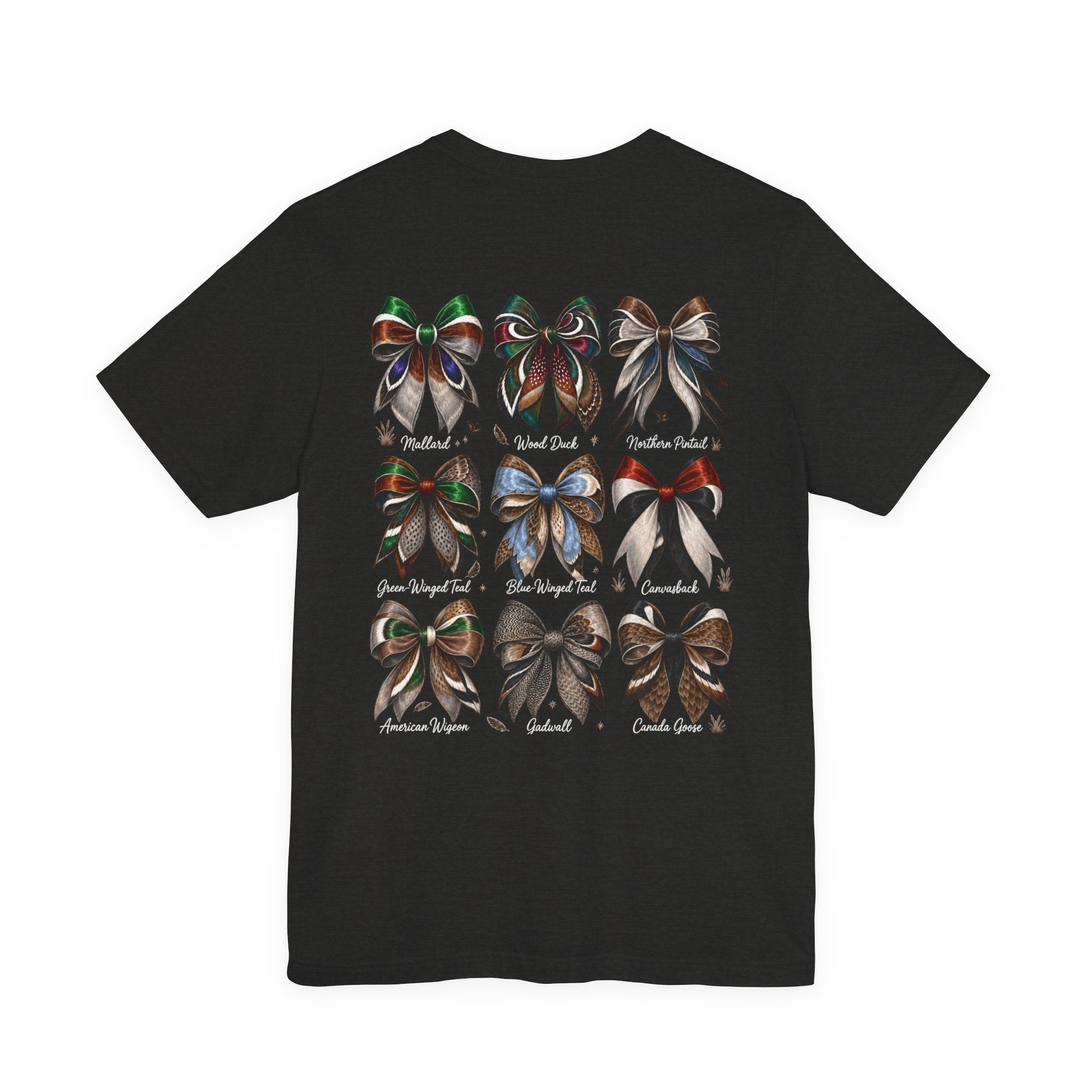 Waterfowl Bow Pattern T‑Shirt — Vintage Ribbon Grid Graphic Tee