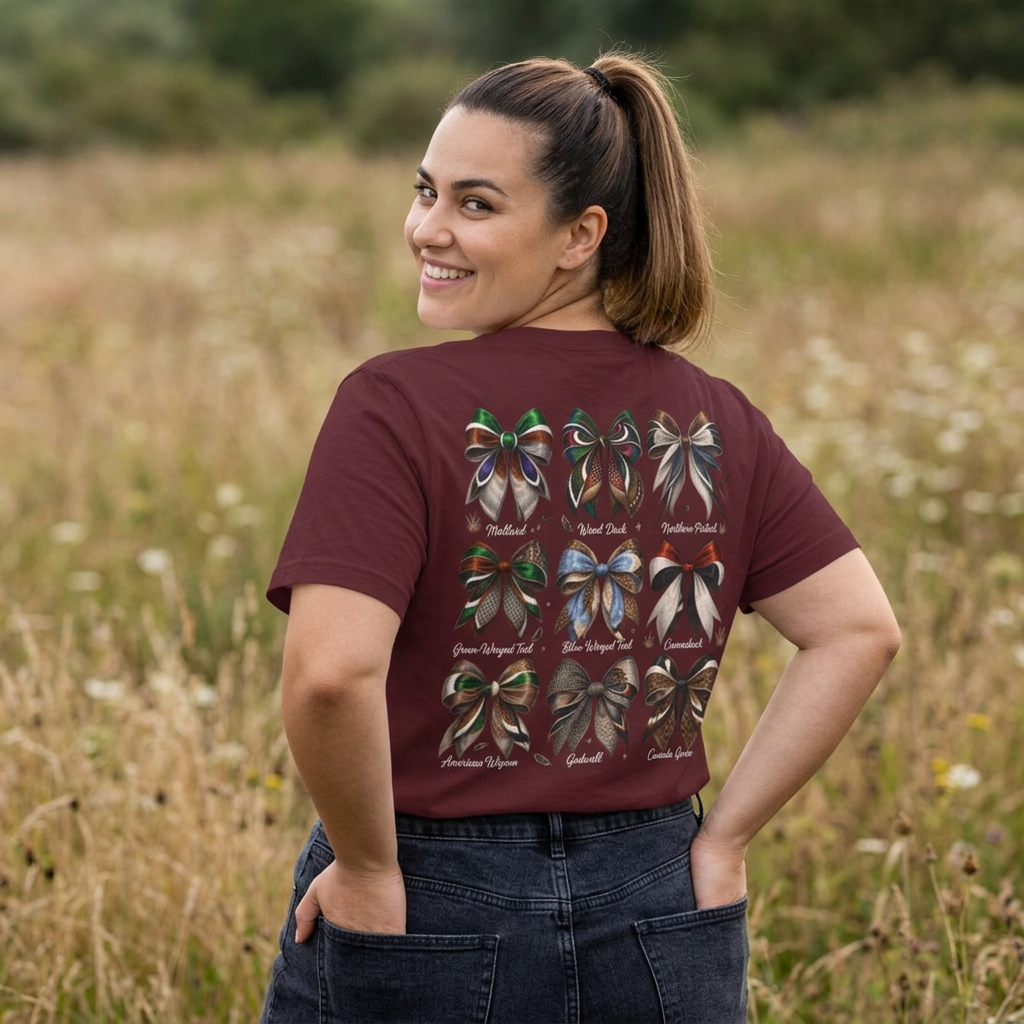 Waterfowl Bow Pattern T‑Shirt — Vintage Ribbon Grid Graphic Tee