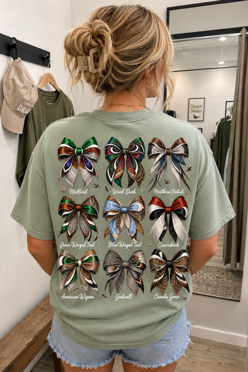 Waterfowl Bow Pattern T‑Shirt — Vintage Ribbon Grid Graphic Tee