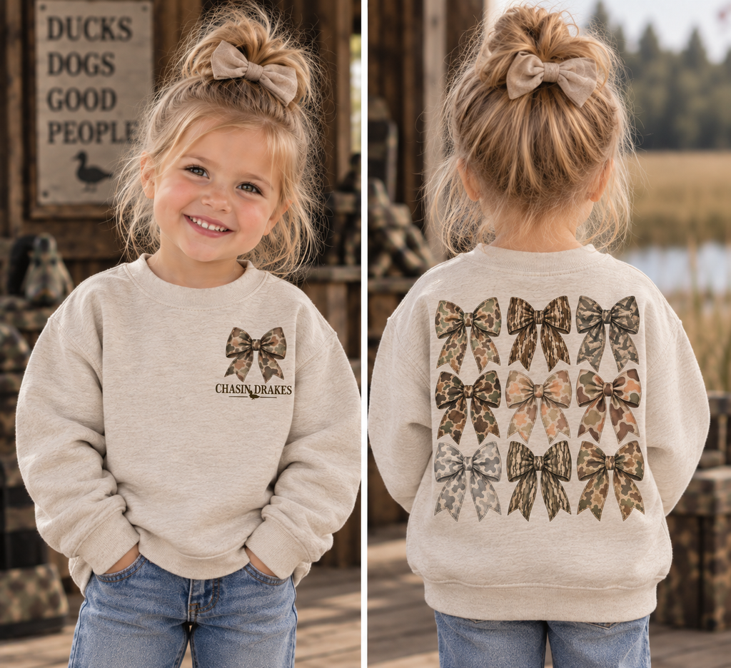 Toddler Vintage Camo Bow Crewneck Sweatshirt | Chasin’ Drakes Mini Waterfowl Sweatshirt
