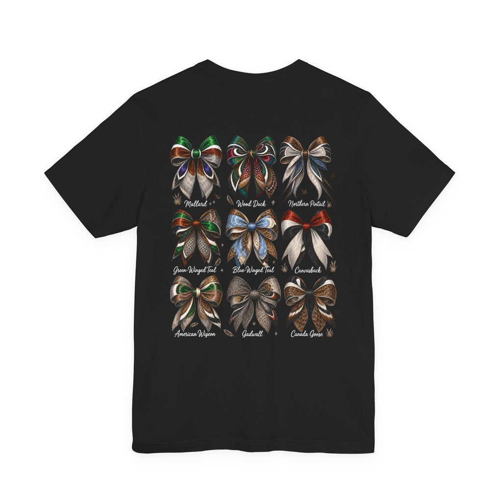 Waterfowl Bow Pattern T‑Shirt — Vintage Ribbon Grid Graphic Tee