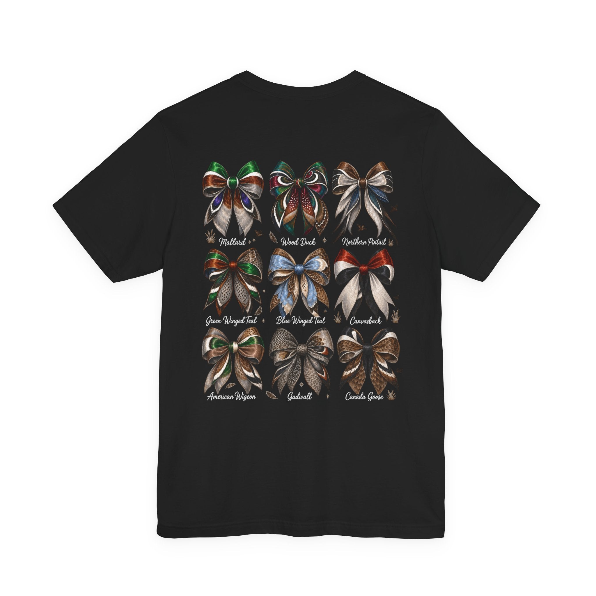 Waterfowl Bow Pattern T‑Shirt — Vintage Ribbon Grid Graphic Tee