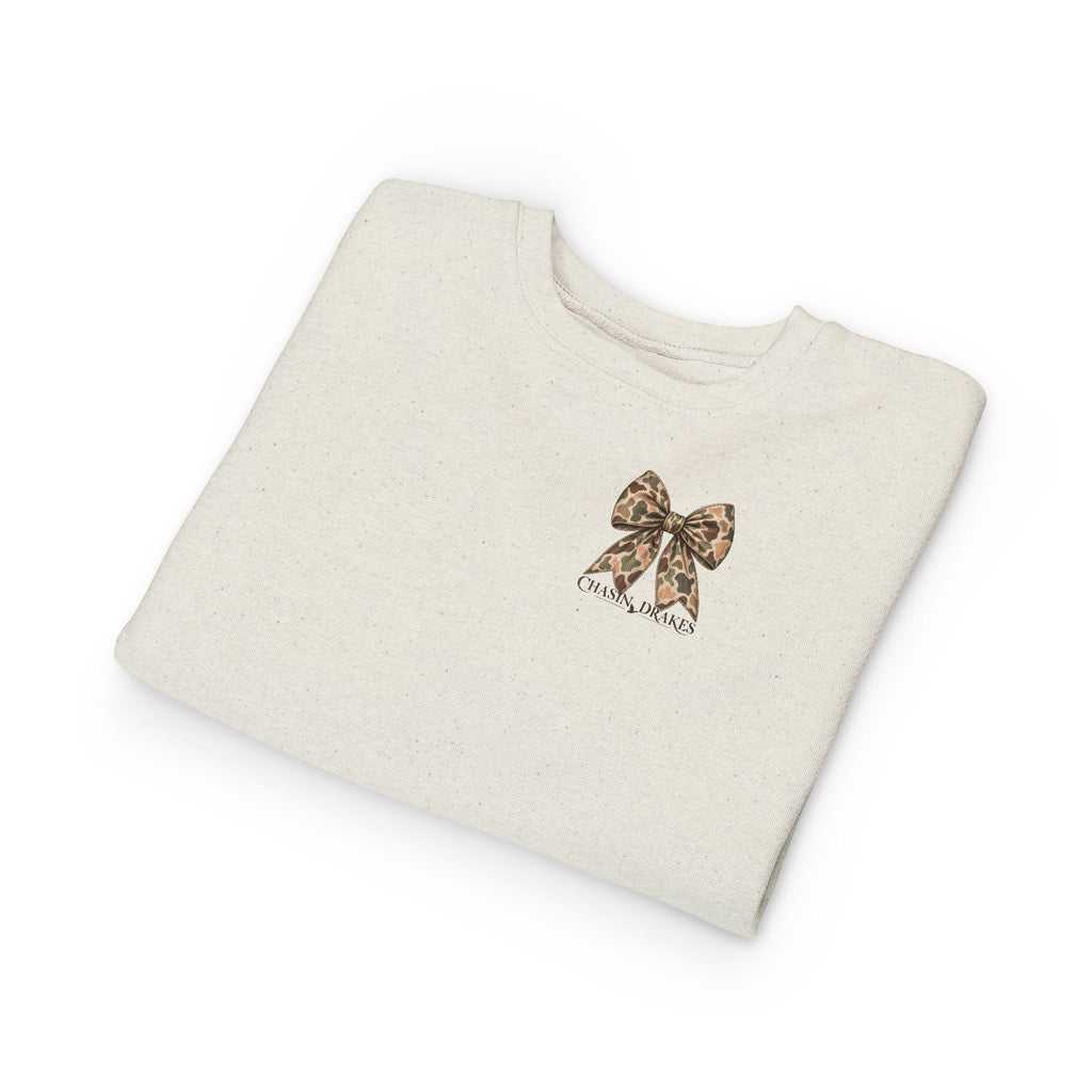 Toddler Vintage Camo Bow Crewneck Sweatshirt | Chasin’ Drakes Mini Waterfowl Sweatshirt