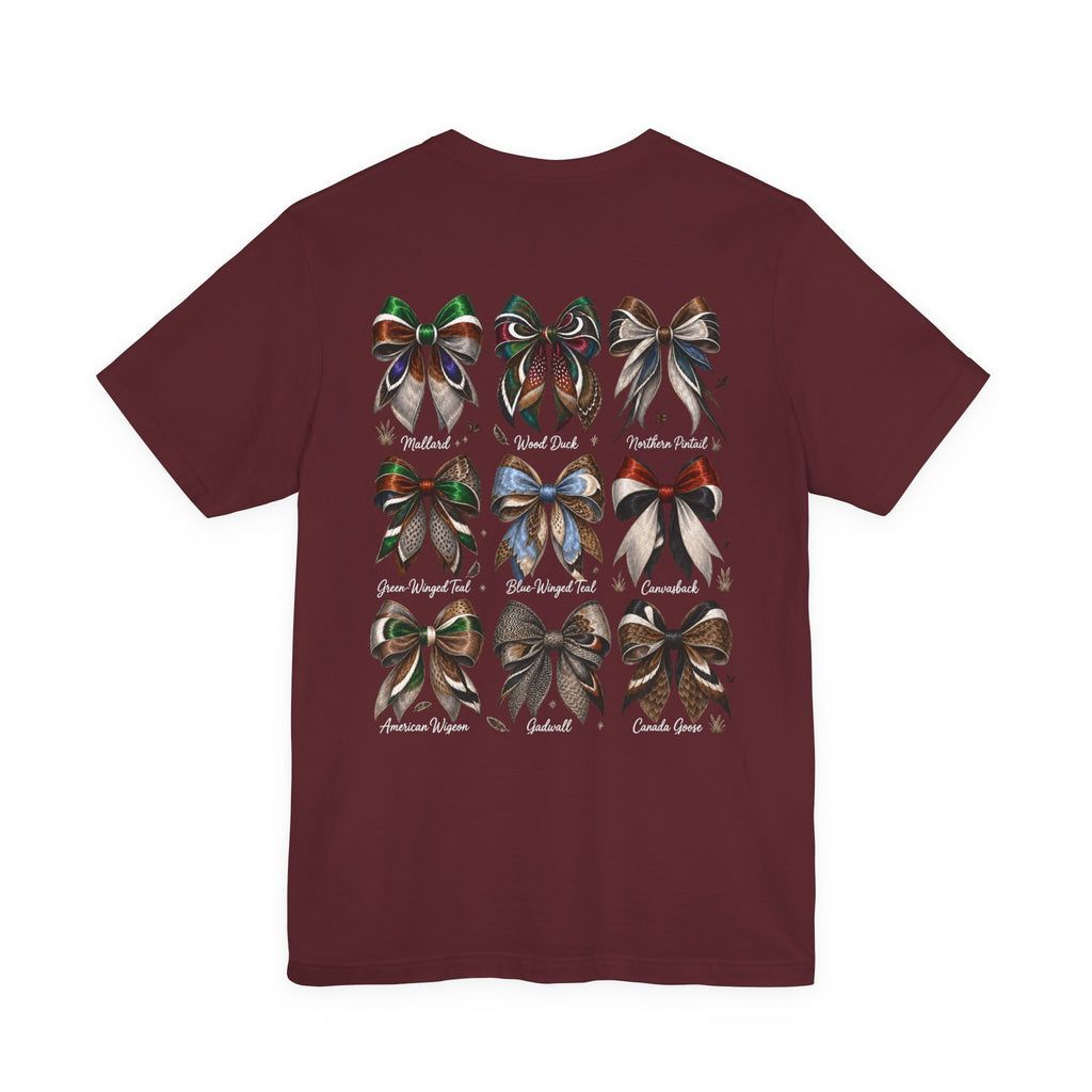 Waterfowl Bow Pattern T‑Shirt — Vintage Ribbon Grid Graphic Tee