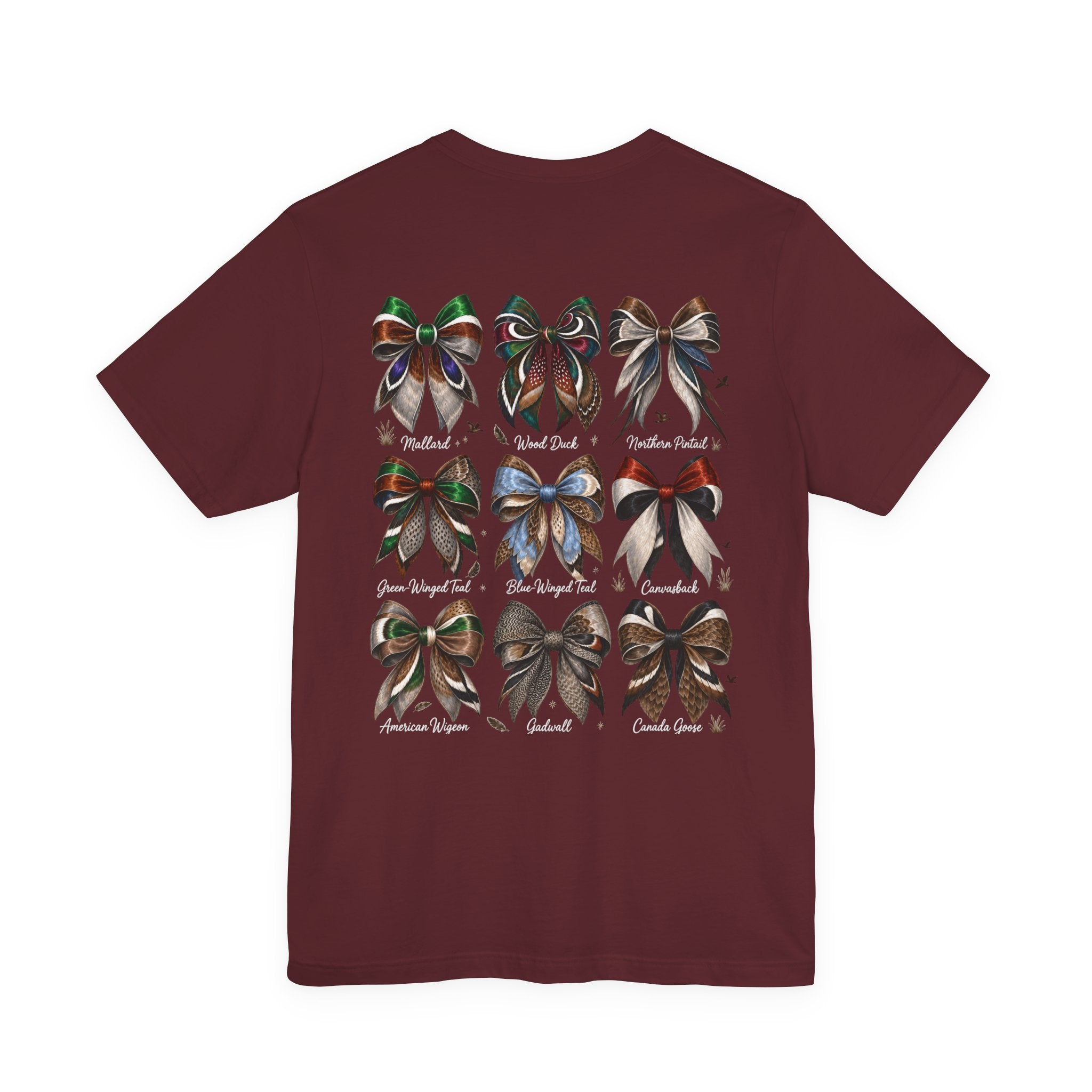 Waterfowl Bow Pattern T‑Shirt — Vintage Ribbon Grid Graphic Tee