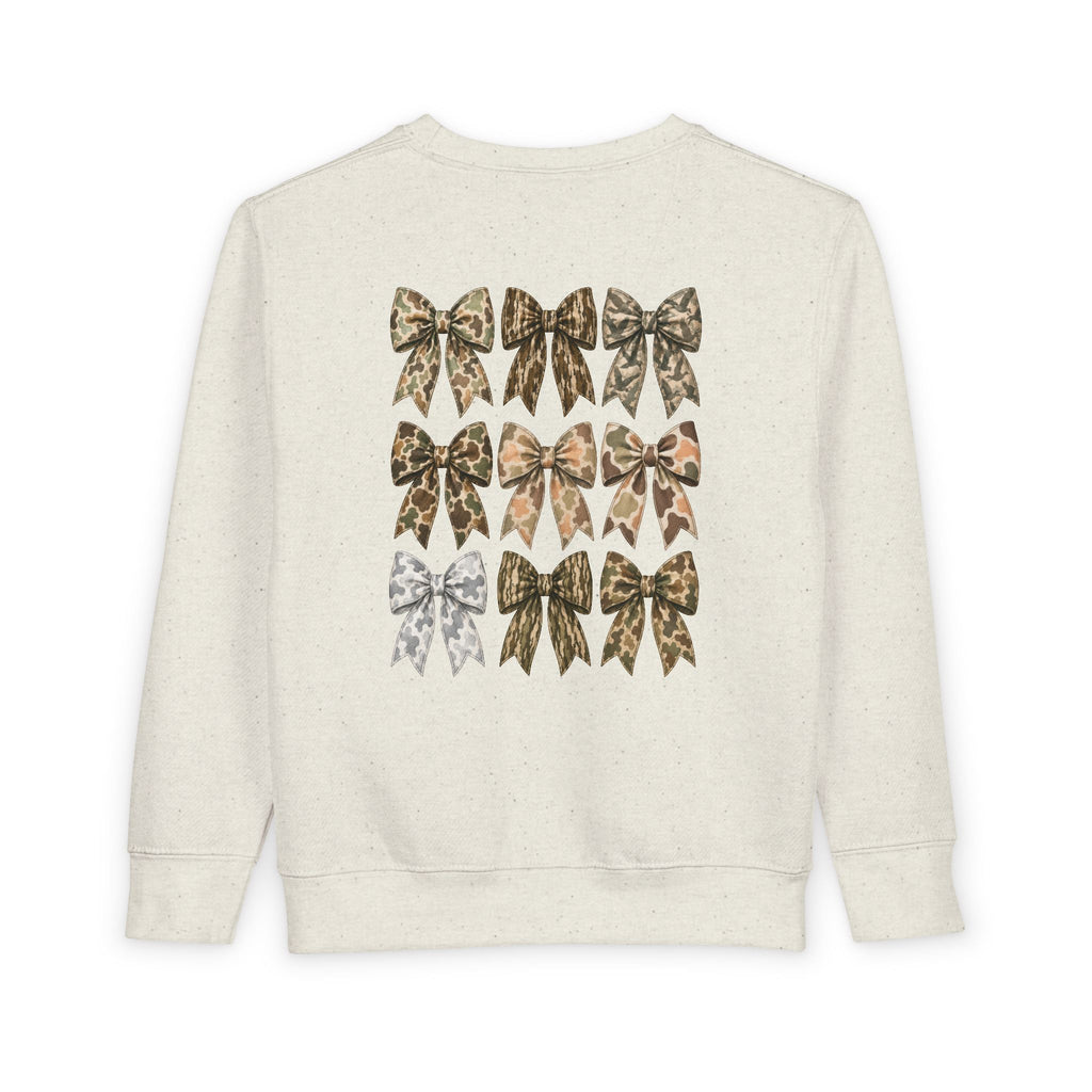 Toddler Vintage Camo Bow Crewneck Sweatshirt | Chasin’ Drakes Mini Waterfowl Sweatshirt