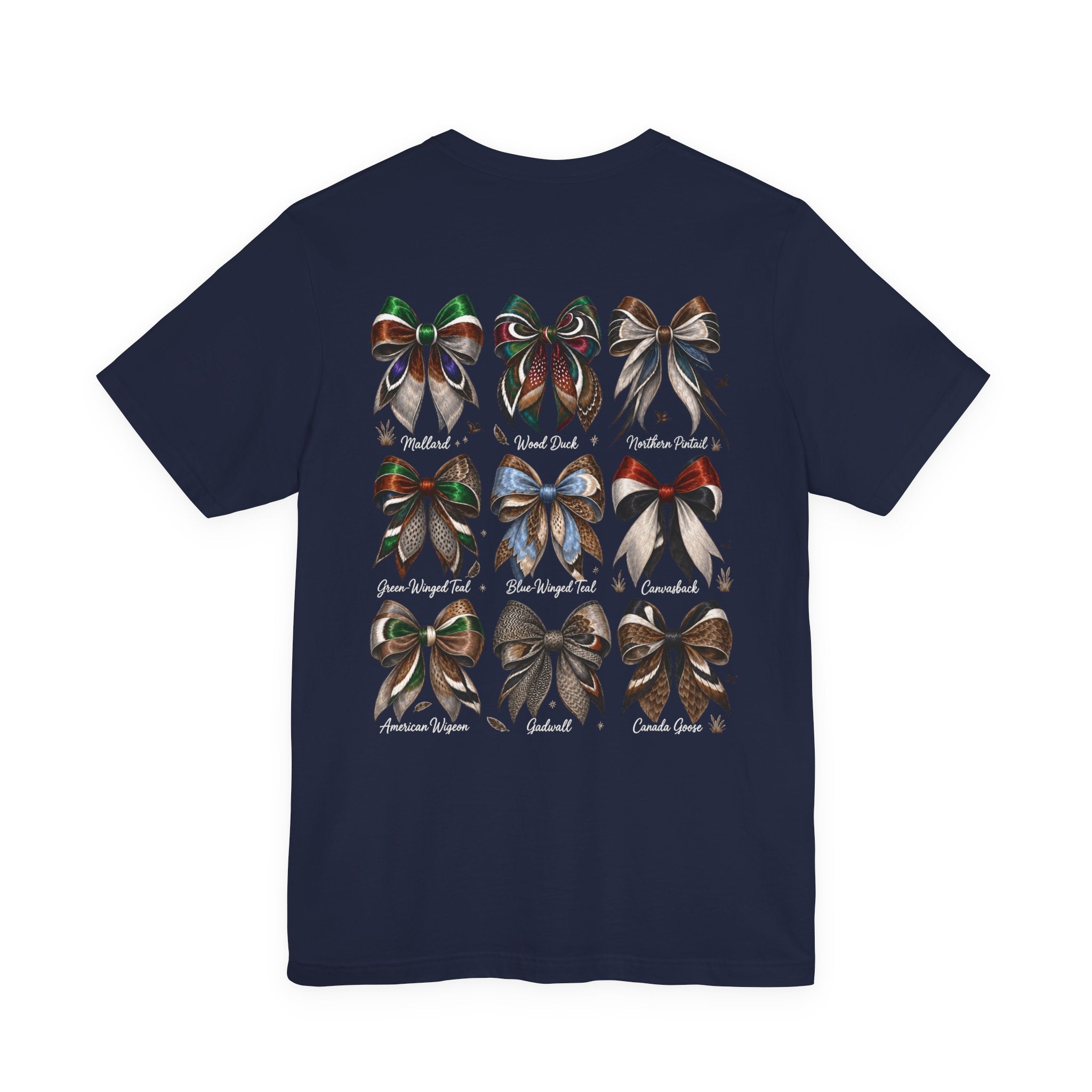 Waterfowl Bow Pattern T‑Shirt — Vintage Ribbon Grid Graphic Tee